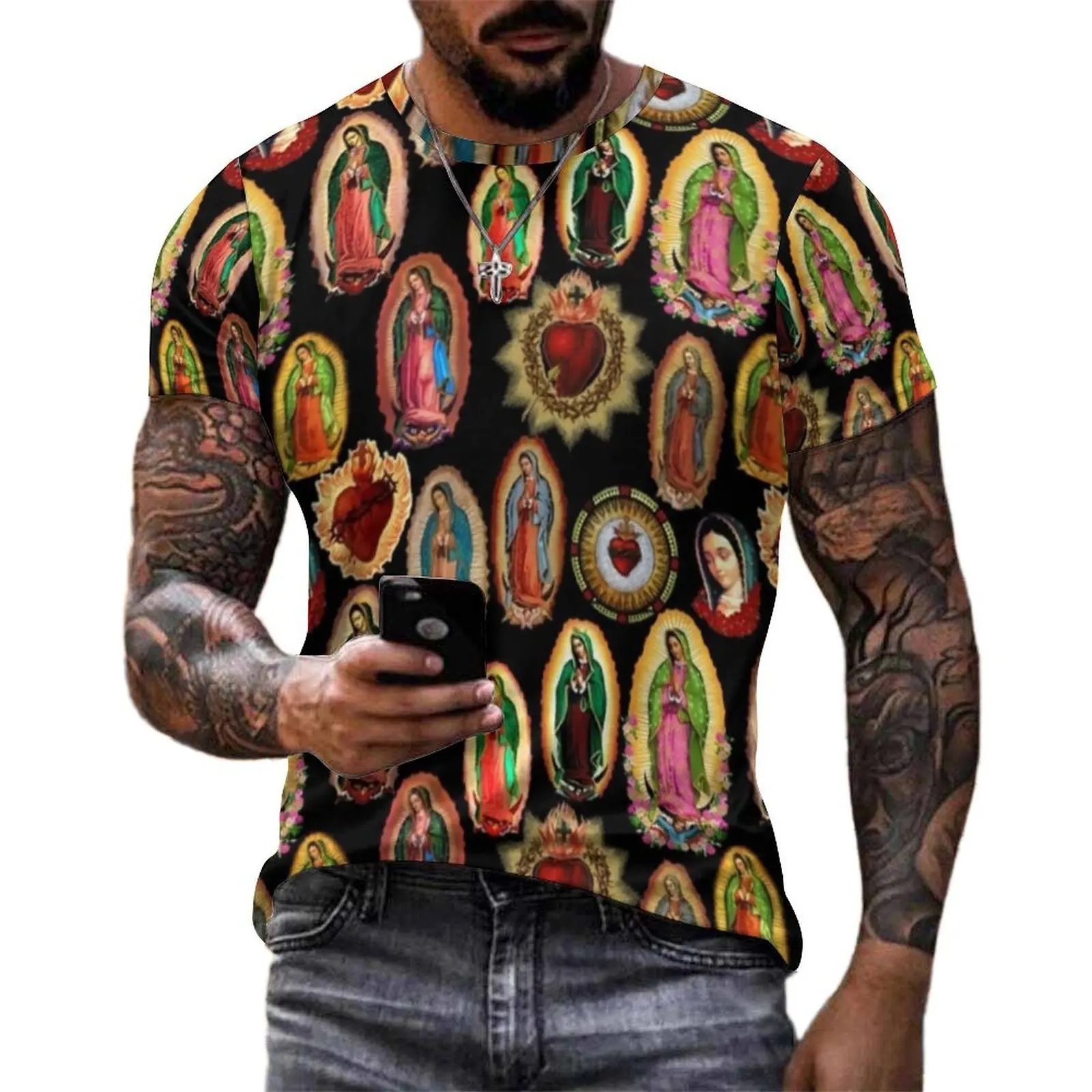 Virgin Mary Print T-Shirt For Man Our Lady of Guadalupe Graphic O Neck T-Shirts Summer Hip Hop Tops Short-Sleeve Plus Size Tees