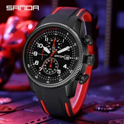 SANDA Fashion Waterproof Mens Watches Top Brand Luxury Chronograph Quartz Men Watch Red Silicone Strap Sports Wristwatches