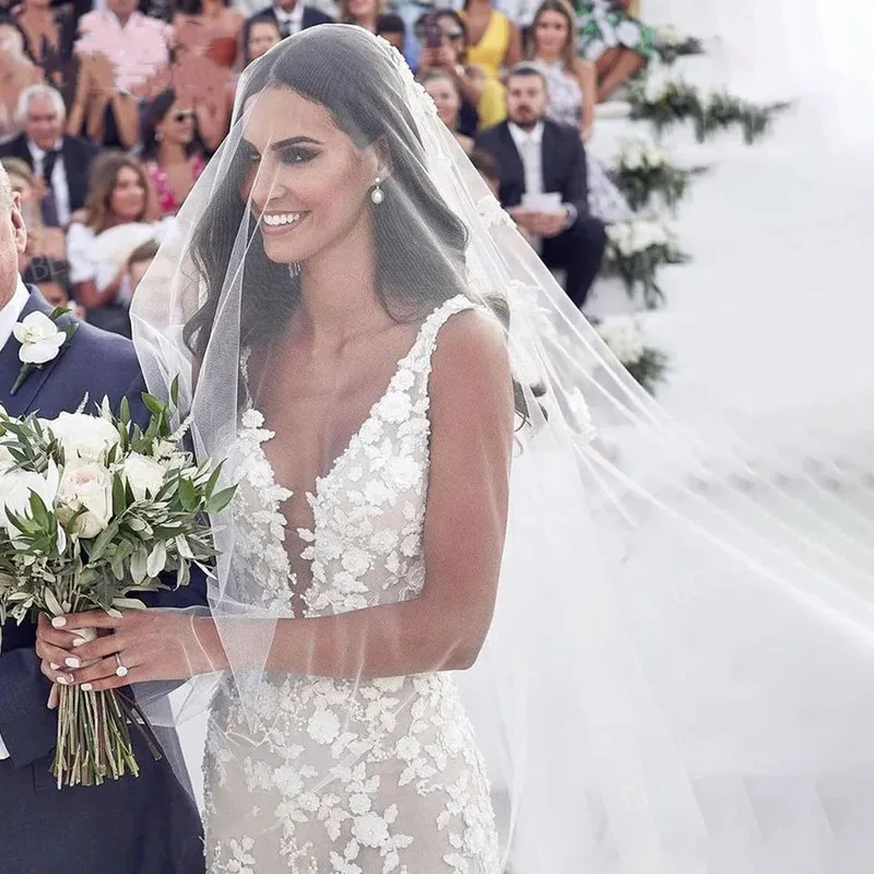 Vestido de novia largo de sirena con escote en V profundo, traje Formal con apliques de encaje plisado, Espalda descubierta, tirantes finos, Estilo Vintage