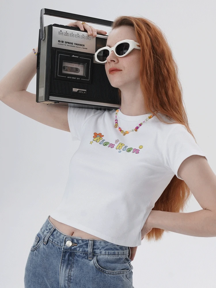 

Rien Rien Seaside Baby Tee Summer New Sle ort Sve T-irt Hand-Painted Pure Color Cute Sle round Ne Cotton Blend