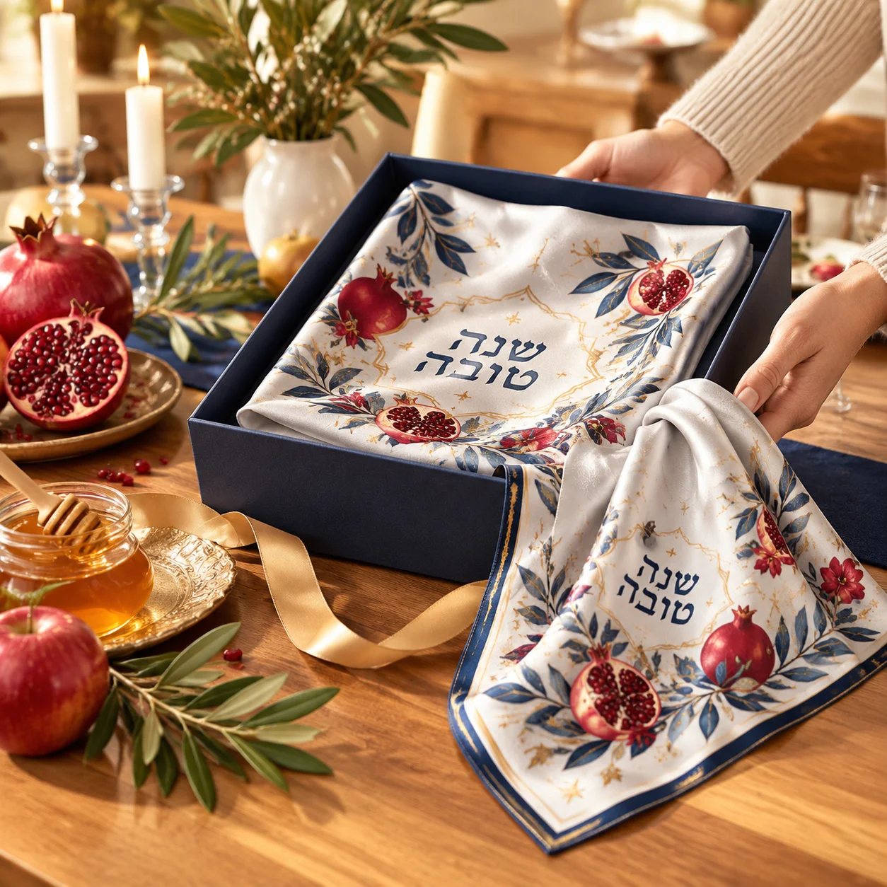 Custom Rosh Hashanah Silk Scarf Personalized Jewish New Year Scarf with Custom Logo Pattern Holiday Gift for Women