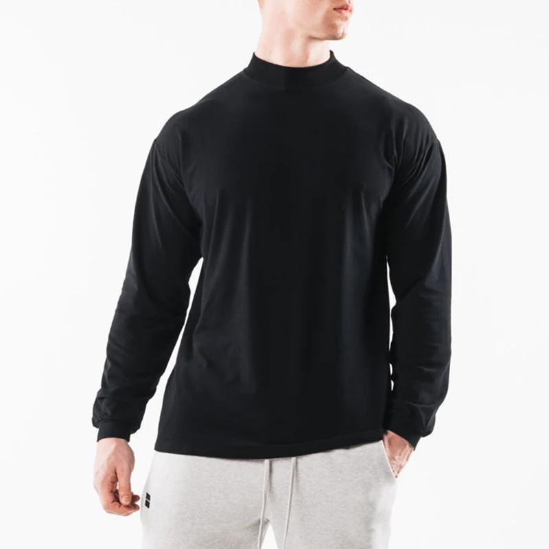 Einfarbiges Übergroßes Loses Langarm-Freizeit-T-Shirt mit Rollkragen und Abgesenkter Schulter für Herren, Sport-Shirts, Fitness-Kleidung für Bodybuilding