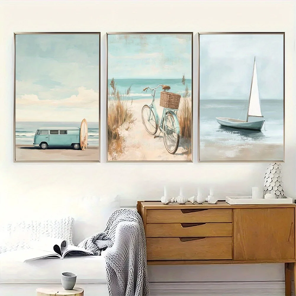 3pcs Frameless,Coastal Scene Wall,Vintage Truck Print,Sailing Fantasy Canvas,Peaceful Water Poster,Bicycle Art,Beach Home Dec