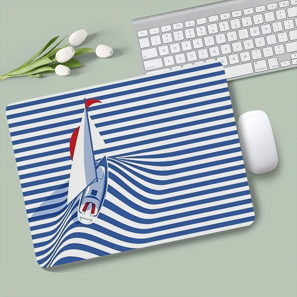 

Mini Gaming Mouse Pad Blue White Sailboat Pattern Rubber Non-Slip Desk Mat for PC Desktop