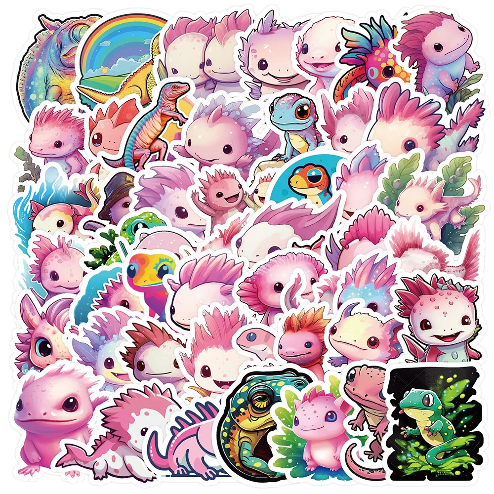 Autocollants de dessin animé Axolotl rose mignon pour enfants, autocollant de salamandre de dessin animé Kawaii, décalcomanie de téléphone de bouteille d'eau, jouet de scrapbooking, 10 pièces, 30 pièces, 50 pièces