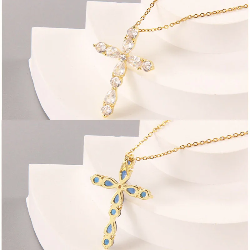 Fashion Colorful Zircon Cross Pendant Necklace Stainless Steel Classic Geometric Choker Jewelry Birthday Gifts For Women Girls