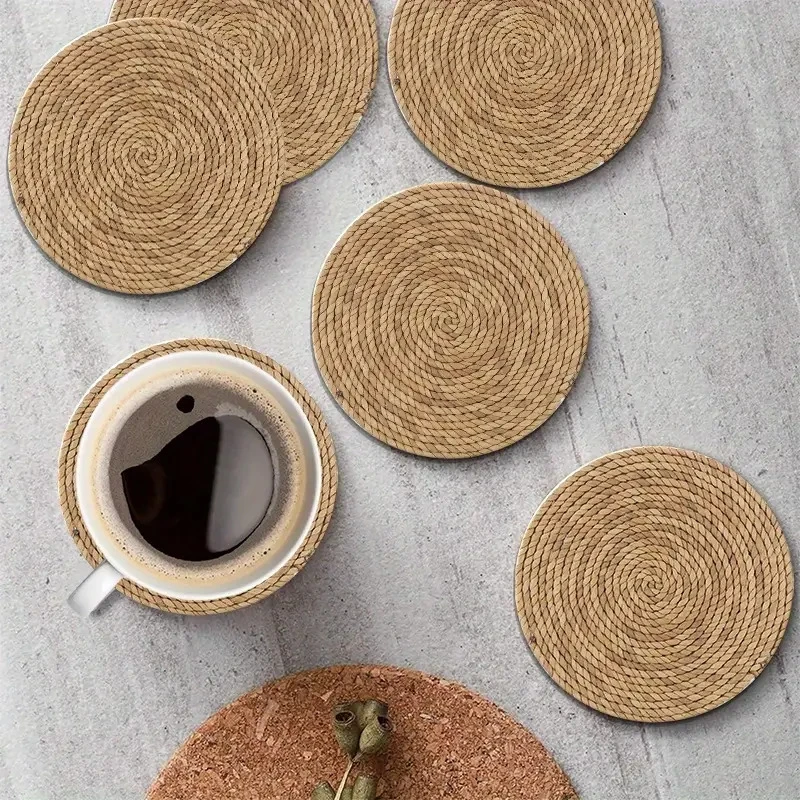 10CM 6PCS 2D Natural Bohemian Style Wooden Coasters Coffee Shop Furniture Decoration Thermal Insulation Gift Desktop Protection