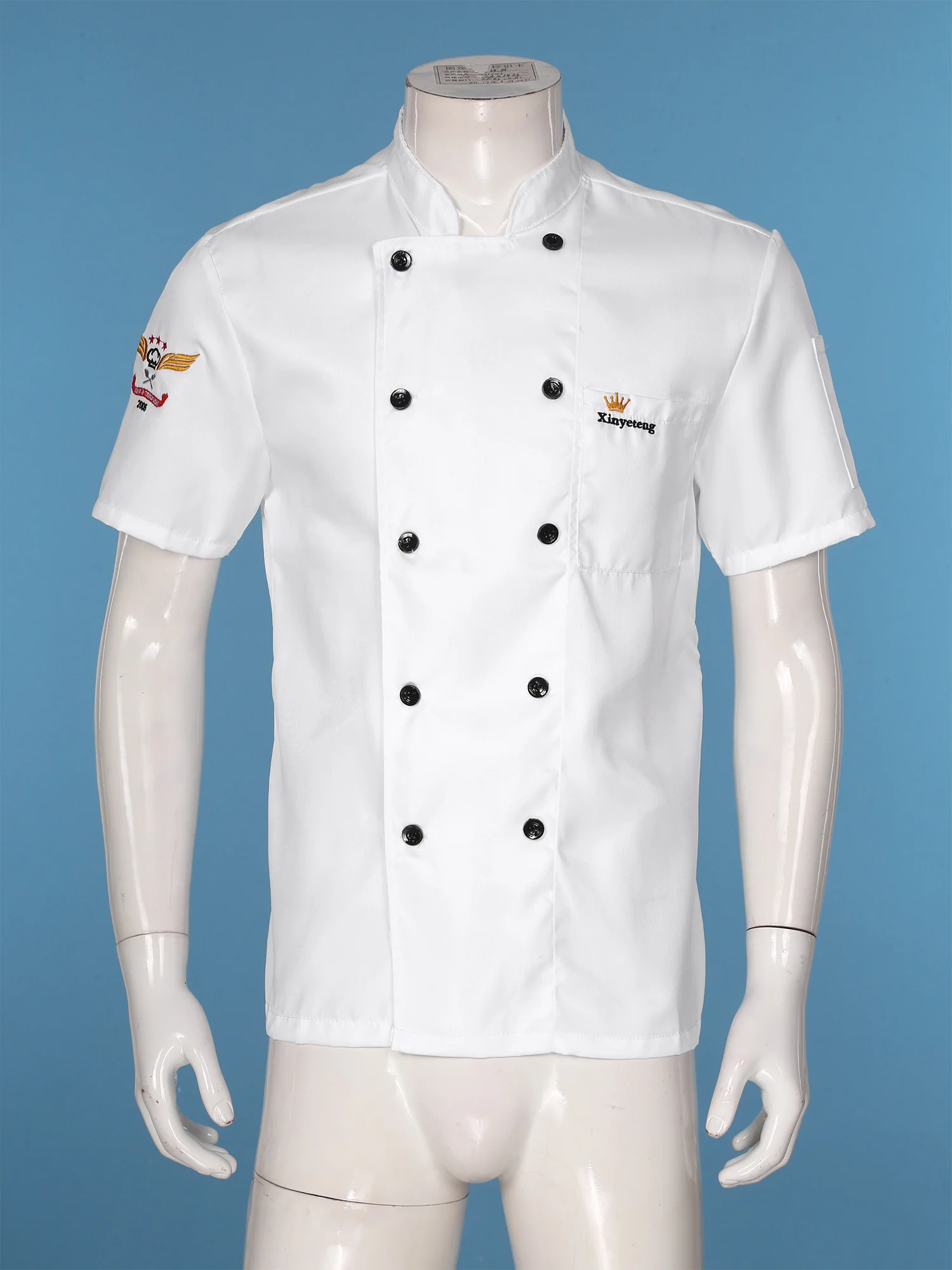 Men Short Sleeve Chef Coat Cooking Jacket Top Adults Stand Collar Double-Breasted Kitchen Cook Uniform with Pockets Chef Shirt