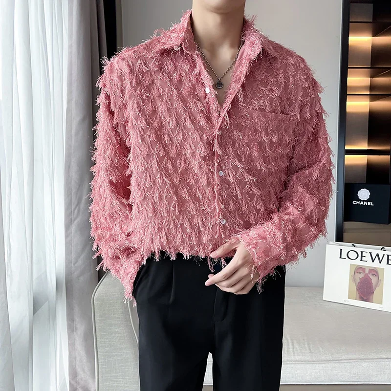 Fabric Tassel Long Sleeve Loose Casual Vintage Fashion Party Dress Up Shirt Male Korean Streetwear Shirts BlousesYY212