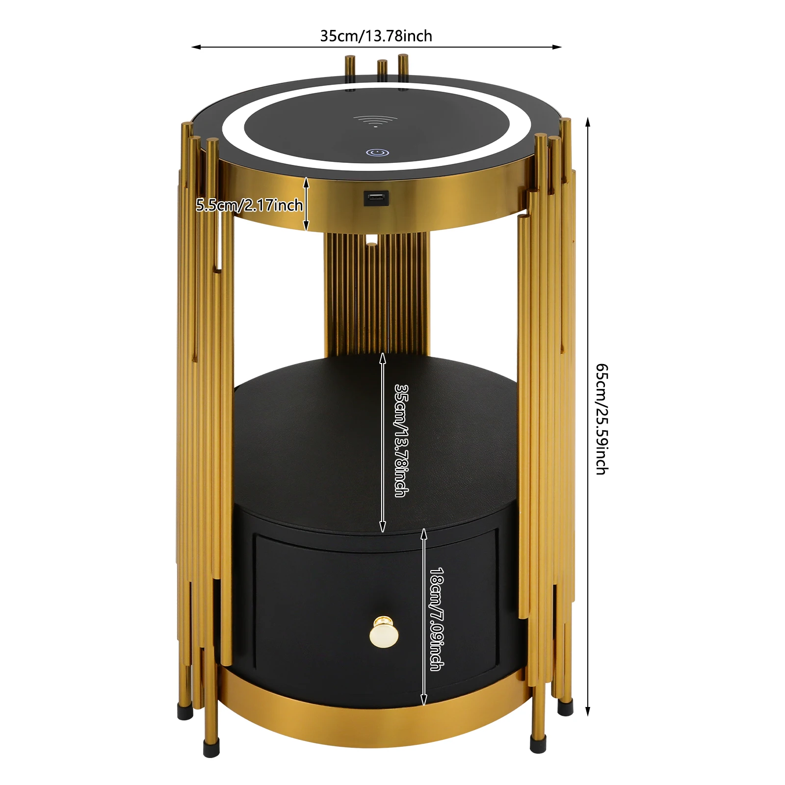 Bedside Table Smart Nightstand with Wireless Charging Station Modern LED Bed Side Table with Drawer for Living Room/Office/Hotel