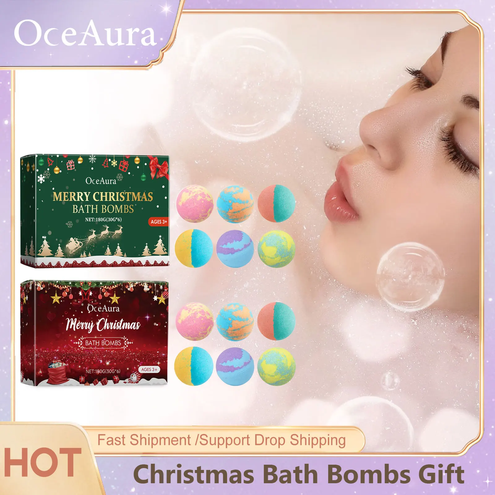 OceAura Christmas Bath Bombs Gift Set Aromatherapy Relax Stress Exfoliating Moisturize Shower Cleaner Handmade Bath Salt Ball