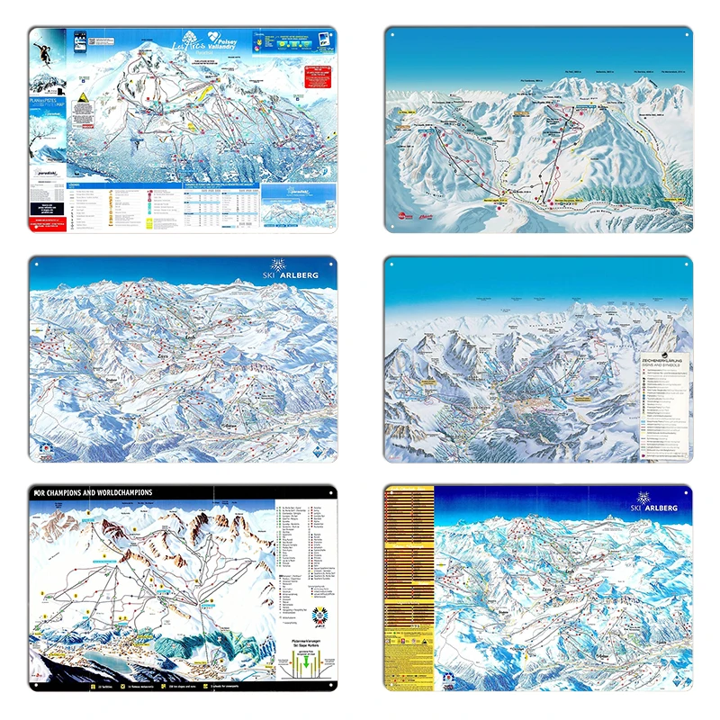 Mapa del área de esquí de St. Moritz Diavolezza Les Arcs Peisey Vallandry Mapa del área de esquí de La Plagne Cine de metal crear impresión cartel de estaño