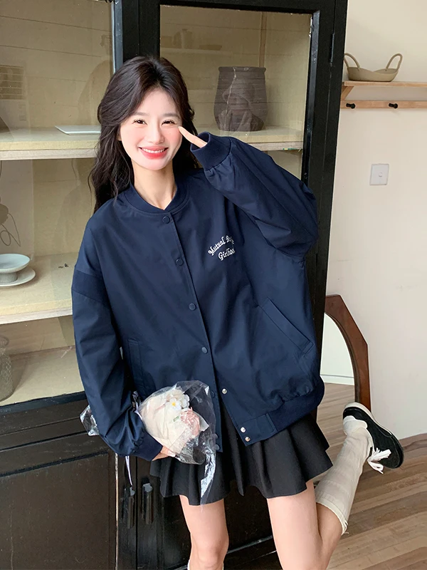 Jaqueta de Baseball Bordada Azul para Mulheres, Estilo Casual, Nova Coleção Primavera 2025, Casaco Anti-envelhecimento