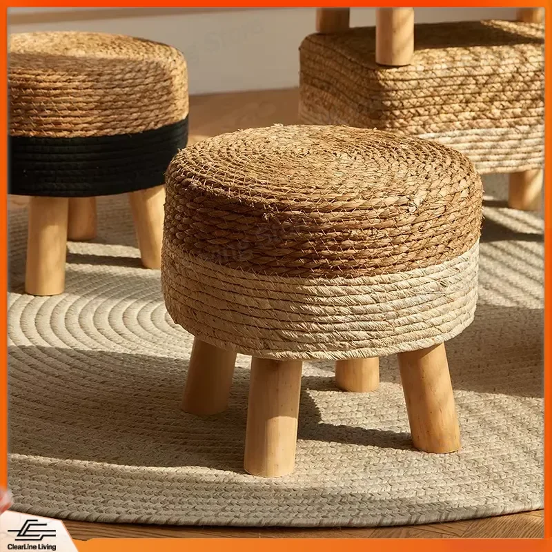 Rattan Round Stool Solid Wood Frame Farmhouse Footstool Handmade Straw Shoe Changing Stool for Porch Home Decoration
