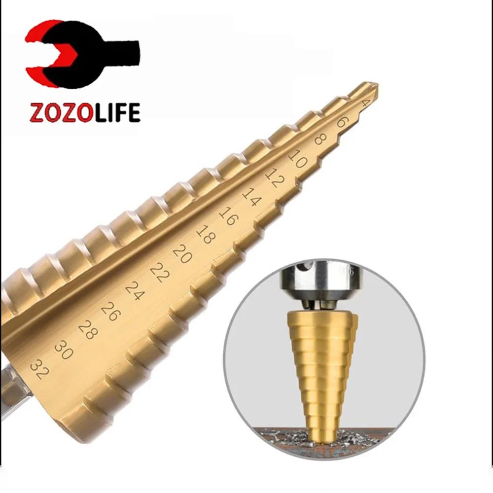 

4-32mm 4-20mm 4-12mm 3-12mm HSS Titanium Coated Step Drill Bit High Speed Steel Metal Wood Hole Cutter Cone Drilling Tool