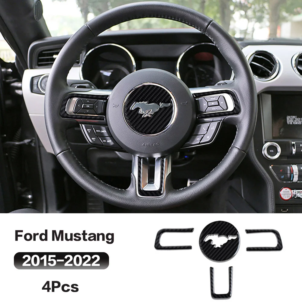 4pcs Carbon Fiber Car Steering Wheel Stickers Interior Trim Accessories For Ford Mustang 2015 2016 2017 2018 2019 2020 2021 2022