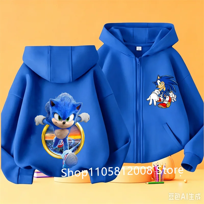 Anime Sonics Kids Thin Hooded Jacket Zipper Sweatshirts Outwear Fashion Spring Fall Hoodies Sportwear Children Clothes Boys Gift