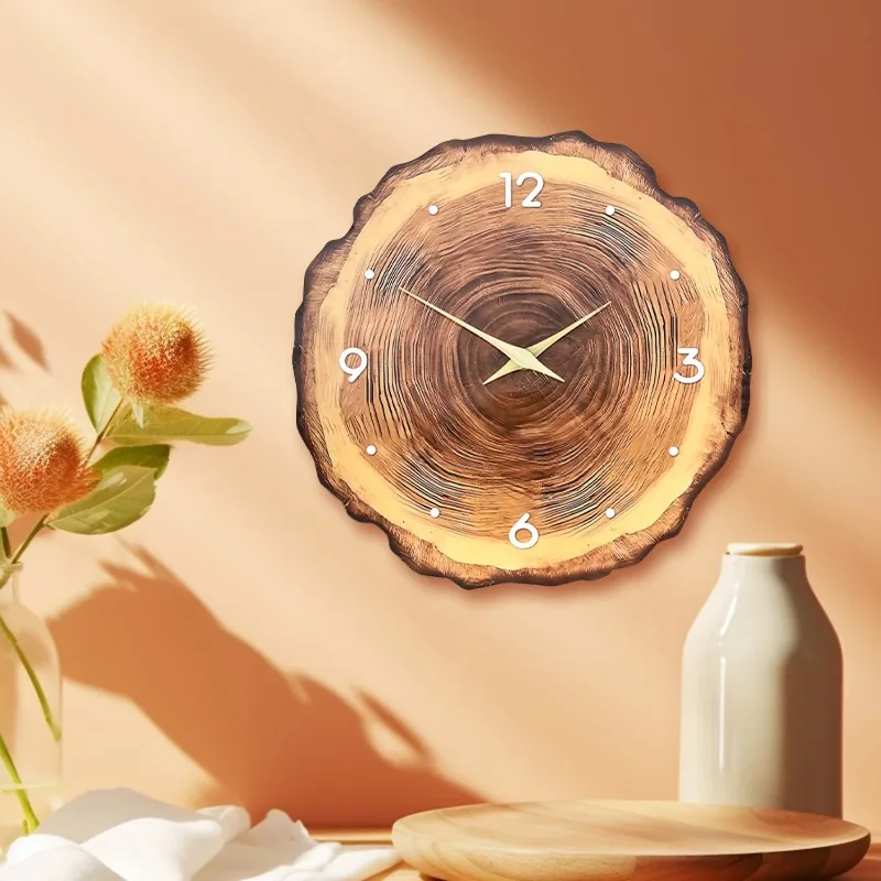 Wooden Ring Veneer Wall Clock Flat Wood Cross Section Texture Pattern Solid Wood Pointer Design Wall Clock Silent Clock