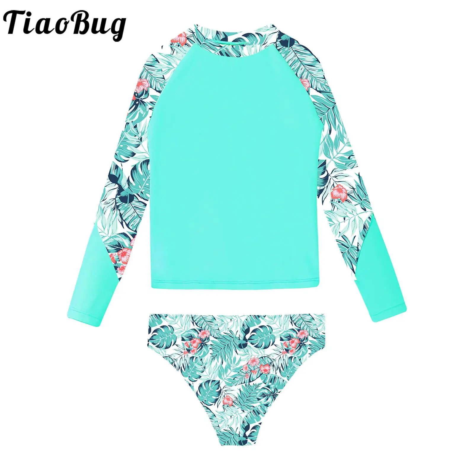 Kids Girls 2PCS Swimsuit Rash Guard Long Sleeve Print Tops with Swim Briefs Swimsuit Bathing Suit Beach Pool Swimming Beachwear