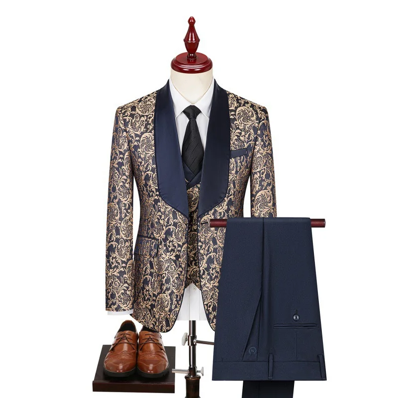 2026 New Fashionable Foreign Trade Color Blocked Printed Suit Three Piece Set for Men's Jacquard Wedding Dress Suit