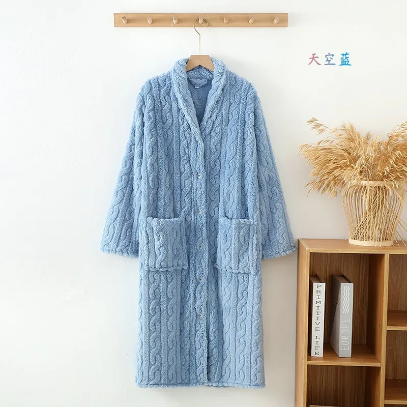 women's fleece bathrobe solid thick winter long sleeve ladies dressing gown with pockets warm flannel bath robe for female