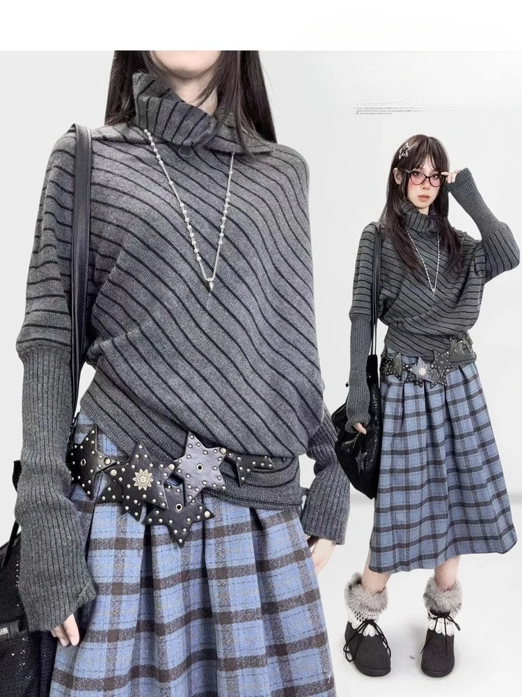 American Vintage Striped Tops 2000s Slim Irregular Knitted Sweater Streetwear Y2k Subculture Casual Long Sleeve Pullovers