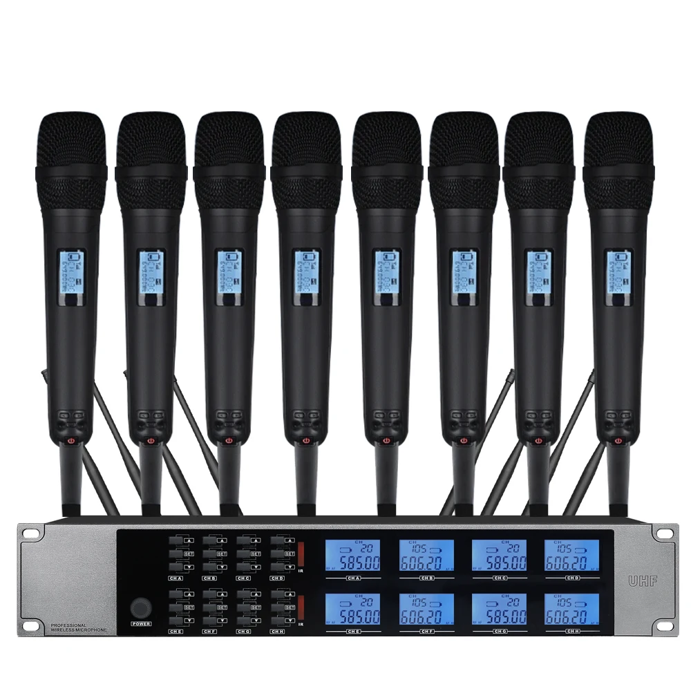 

Беспроводная микрофонная система, 8-канальный ручной микрофон, подходящий для преподавания, церковных, свадебных и сценических выступлений.