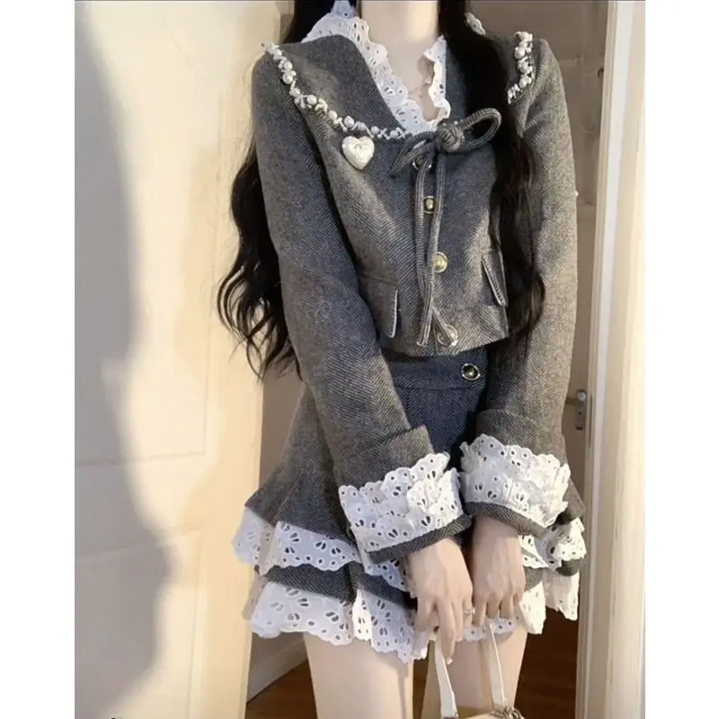 French  Xiaoxiangfeng Fashion Temperament Design Sense Lace Splicing Short Jacket High Waist Short Skirt Autumn and Winter Suit view 3