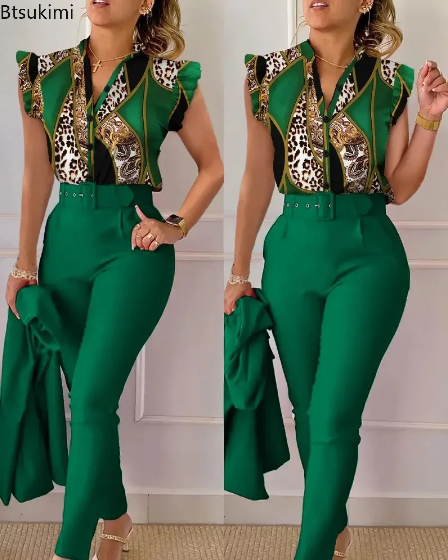 New 2024 Women's Summer Casual Sets 2PCS Printed Lotus Leaf Sleeve Top and Pants Set with Belt Female Suit Sets Outfits Workwear