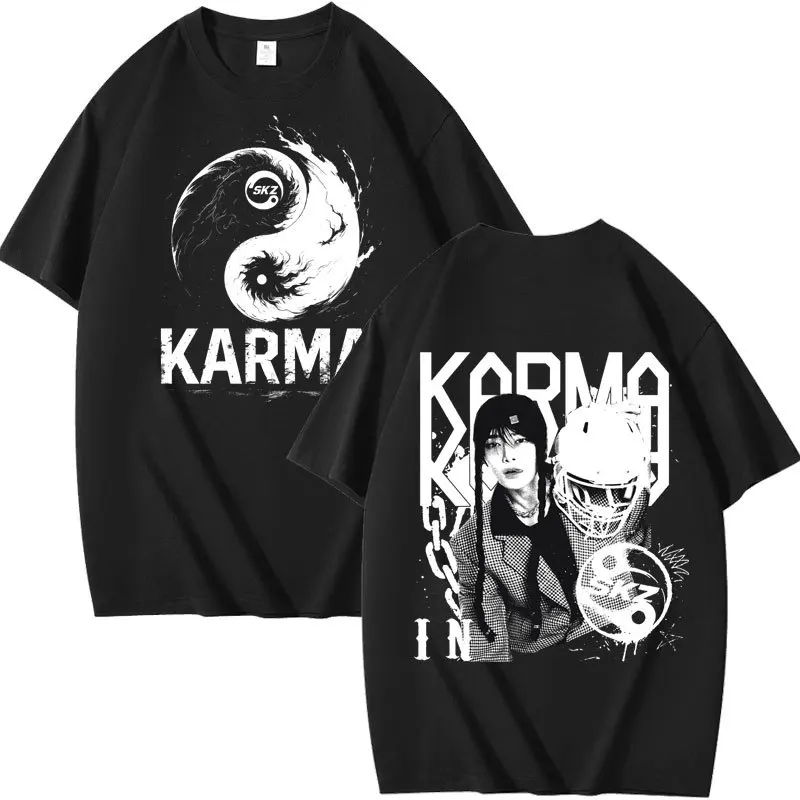 تي شيرت KPOP The 4th Album KARMA كبير الحجم تي شيرت FELIX BANGCHAN CHANGBIN HYUNJIN SEUNGMIN LEE KNOW K-POP تي شيرت جرافيك بأكمام قصيرة
