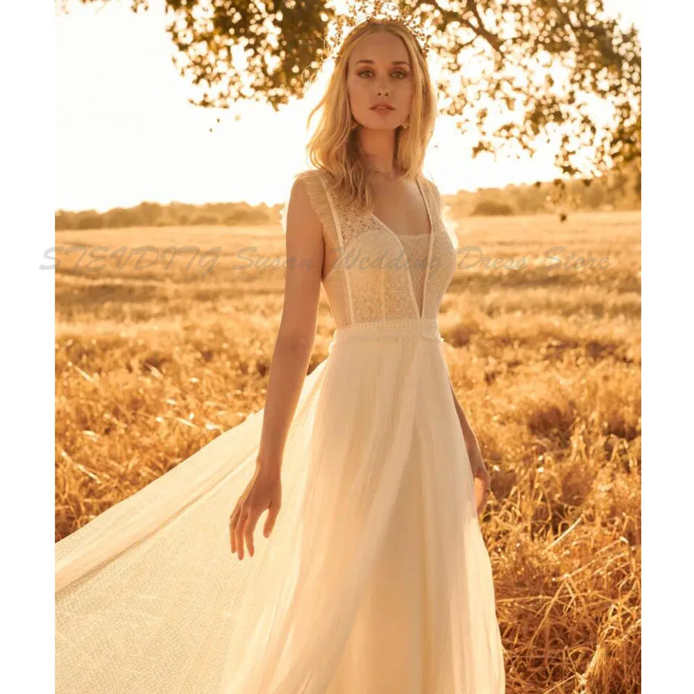 Newest Rembo Styling Bohemian Simple Square Sleeveless Backless Wedding Dresses Lace Tulle Ruffles Wedding Gown Sweep Train robe
