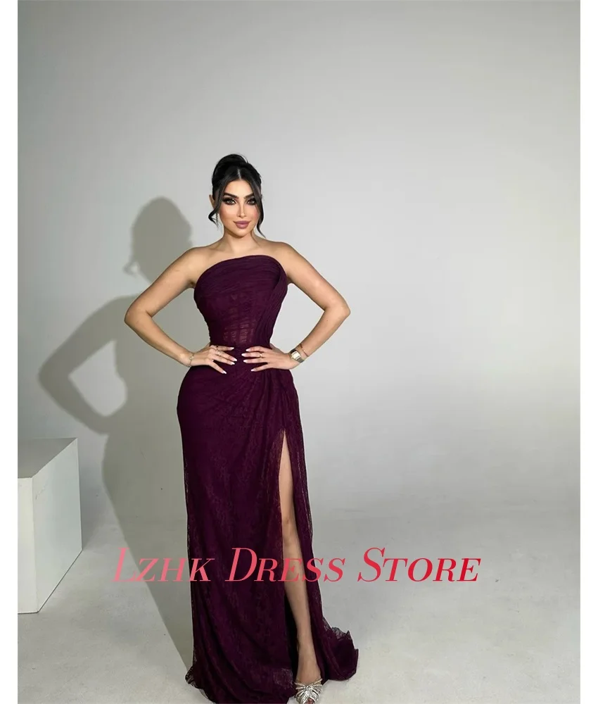 Vestido de noite sereia de renda de alta qualidade personalizado, delicado, sem mangas, sem alças, até o chão