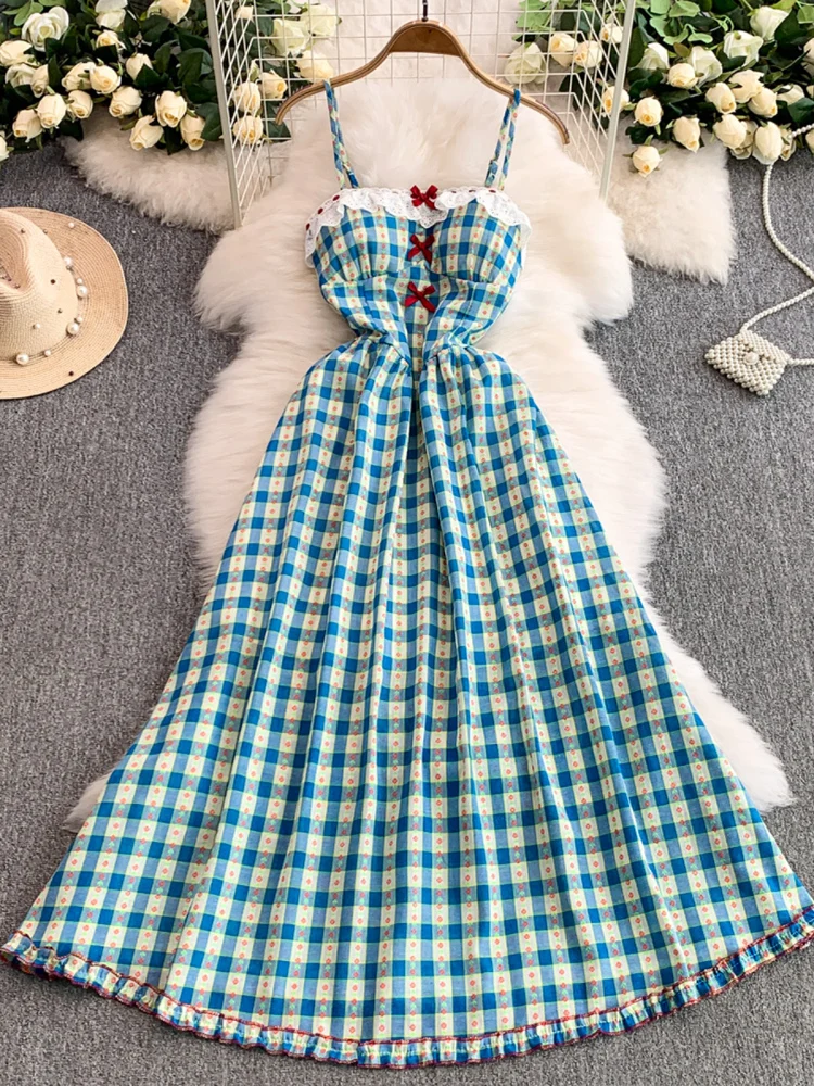 Summer Sweet Plaid Lace Splicing  Knot Women's Dress with Chest Pad Halter Neck Long Slimming Gown High Waist A-Line...
