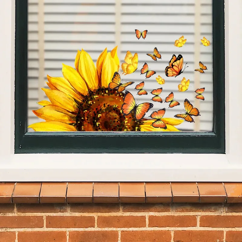 Sunflower Butterfly Stickers Static Cling Window Stickers Glass Stickers Window Stickers Room Decorations view 4