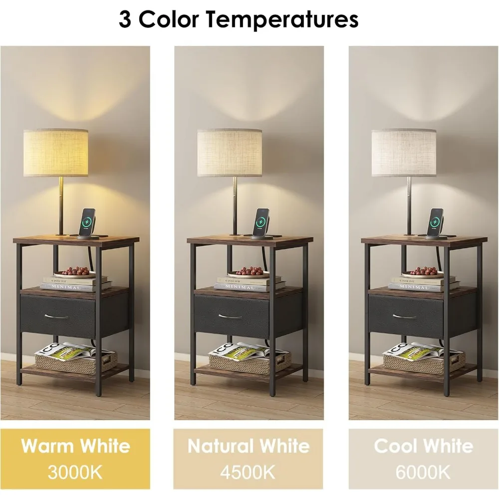Nachtkastje met LED-verlichting Nachtkastje met 3 kleurtemperaturen Lamp, hoog nachtkastje met laadstation bijzettafeltje