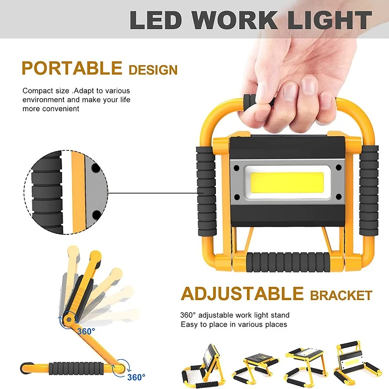 380W Portable LED Work Light Foldable Searchlight Rechargeable Flood Flashlight Power Bank Spotlight Waterproof Camping Job Site