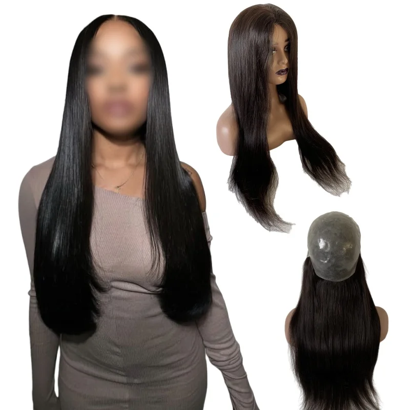 

22-дюймовый длинный европейский девственный человеческий волос, шелковистый прямой натуральный цвет, полный парик из искусственной кожи для чернокожих женщин