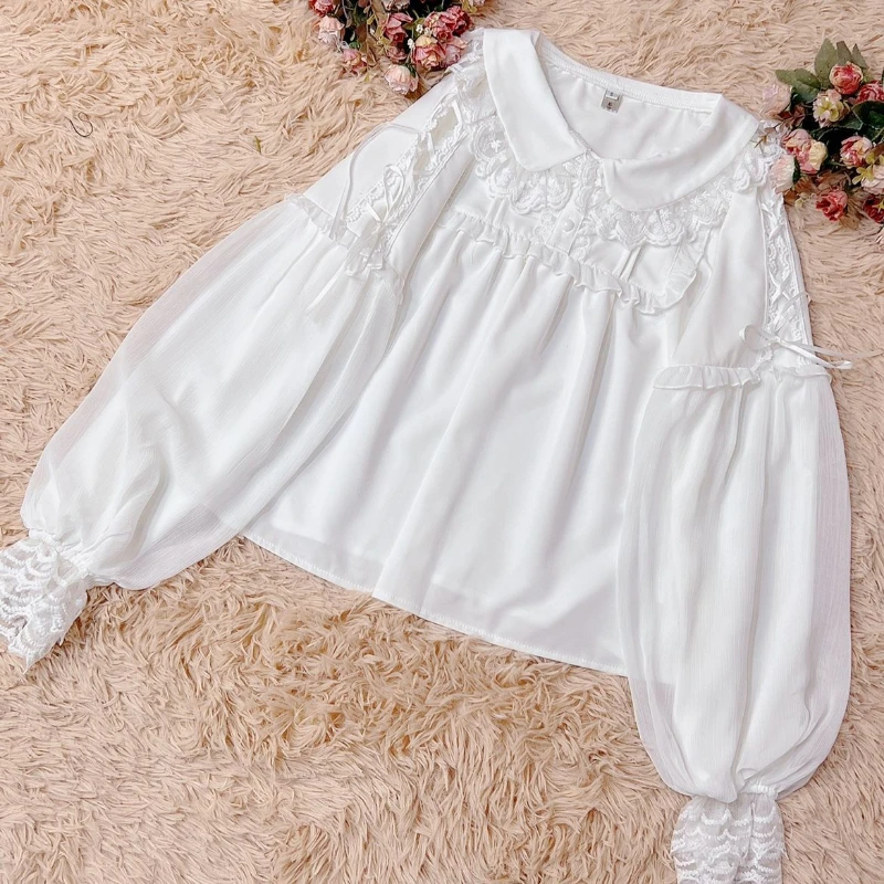 Japan Style Sweets Lolita Blouse Women Kawaii Lace Peter Pan Collar JK Shirts Girls Chic Long Lantern Sleeve Black White Blouses