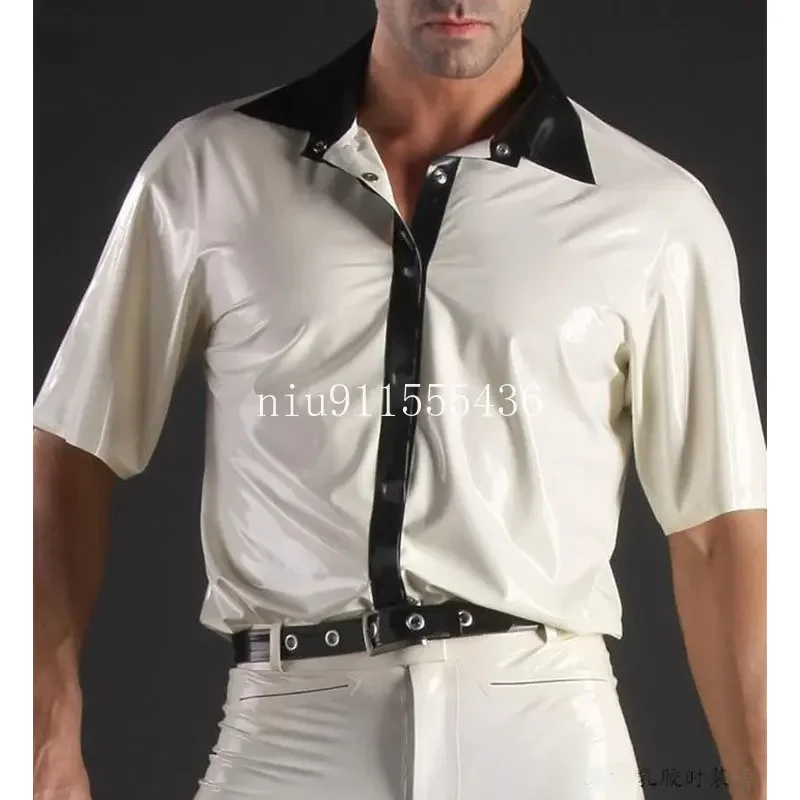 Handmade Men's White Fetish Latex Jacket Top Rubber Short Sleeve Mens Latex Shirt Turn-down Collar