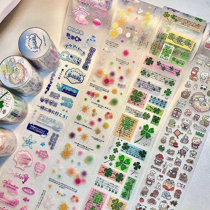 PET Sticker Tapes With Sand Glitter Coating  Tape Lucky Clover Text Elements Scrapbooking Deco Stickers DIY Arts Crafts