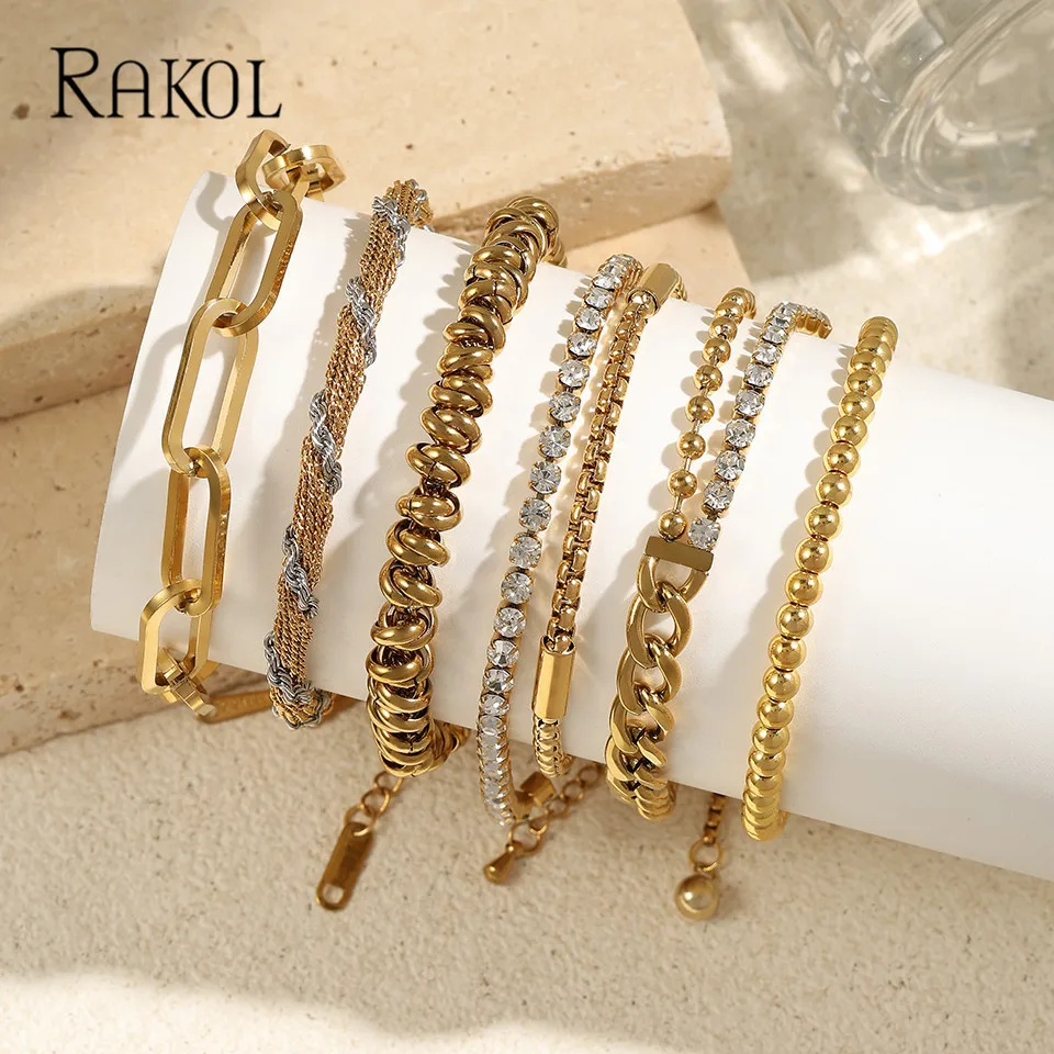 

RAKOL Stainless Steel Gold Color Rust Proof Bead Zircon Thick Bracelet For Women High Quality Girls Wrist Jewelry Party Gifts