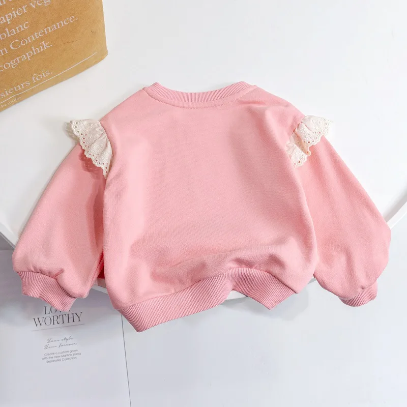 Children Autumn Sweatshirt Cute Girls\' Lace Long Sleeve Cotton Top 2023 New Kids Baby O-neck Print Loose Pullovers