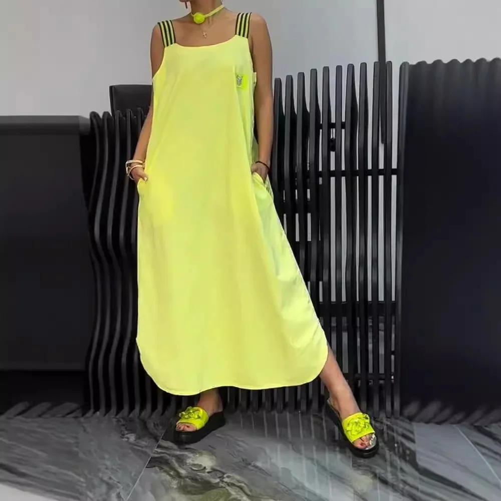 

Summer Sexy Spaghetti Sleeveless Midi Dress Women New Fashion Casual Loose Pure Color Pocket Long Dress Womenn White