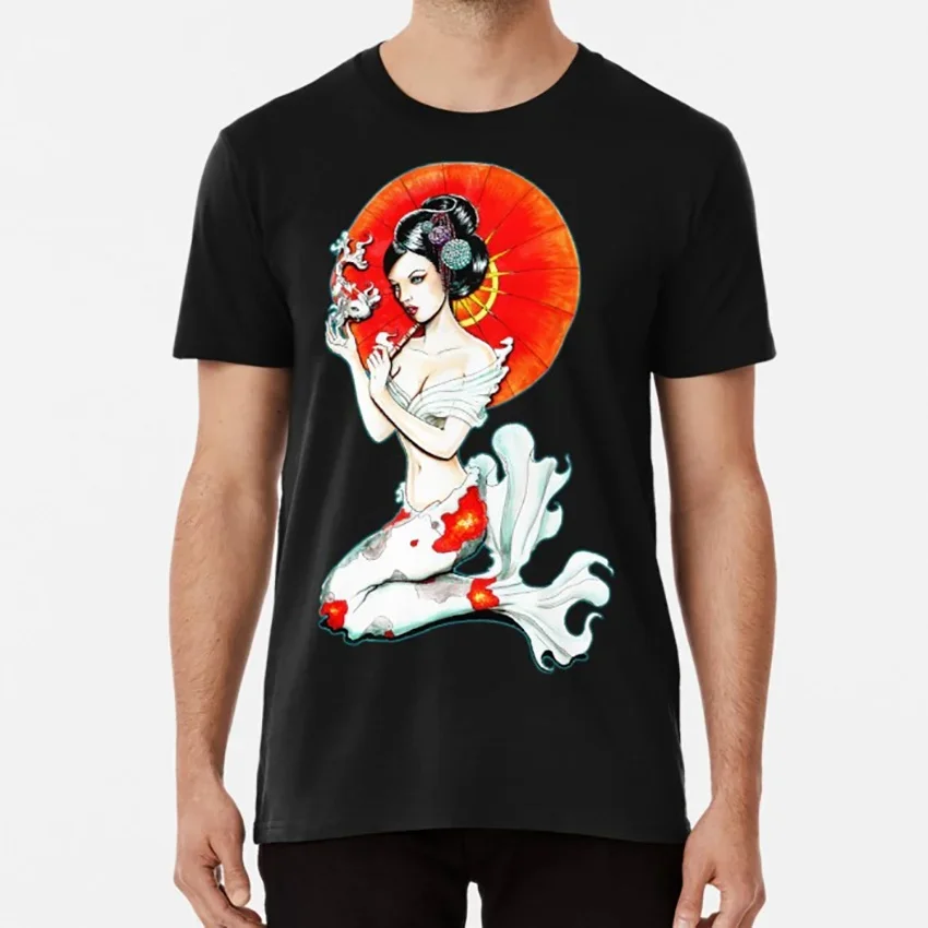 Geisha Koifish Tattoo Parasol  Japanese Underwater Kimono Pinup Traditional Tattoo Tshirt Men Cotton Clothing Koi Shirt