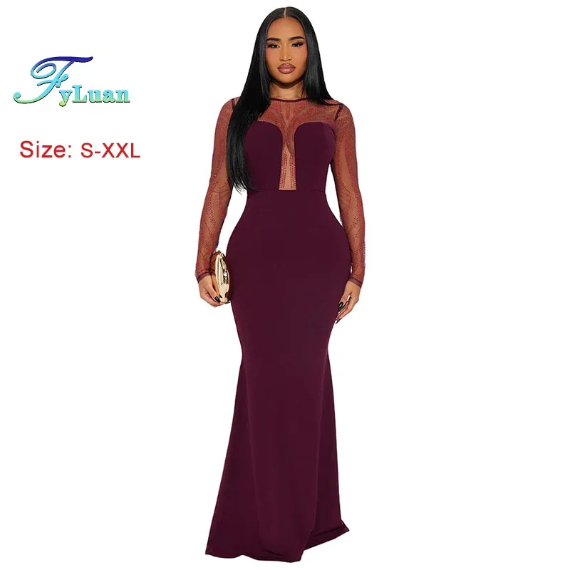 ชุดเดรสยาวผู้หญิง แขนยาว ผ้าตาข่ายซีทรู ประดับเพชร แฟชั่นต่อผ้าตาข่าย ชุดเดรสยาวสำหรับงานปาร์ตี้กลางคืน ชุดเดรสสำหรับสุภาพสตรี