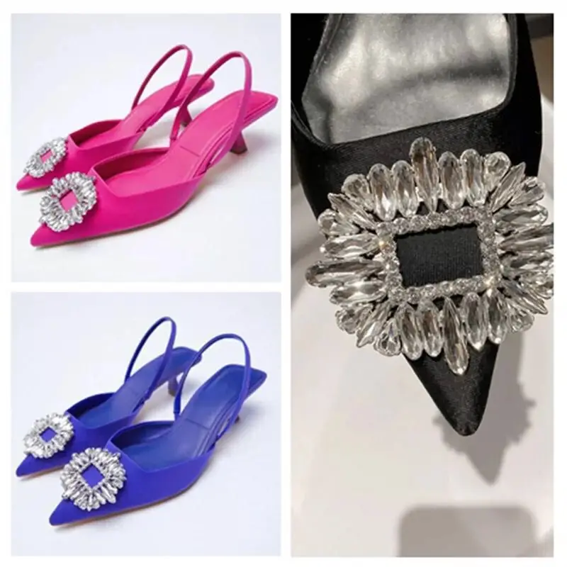 Oversized 42/43 Mueller shoes Low Heel Women's Sandals Rose Red Sexy Rhinestone Shine Pointed Pumps Spring and Summer sandals