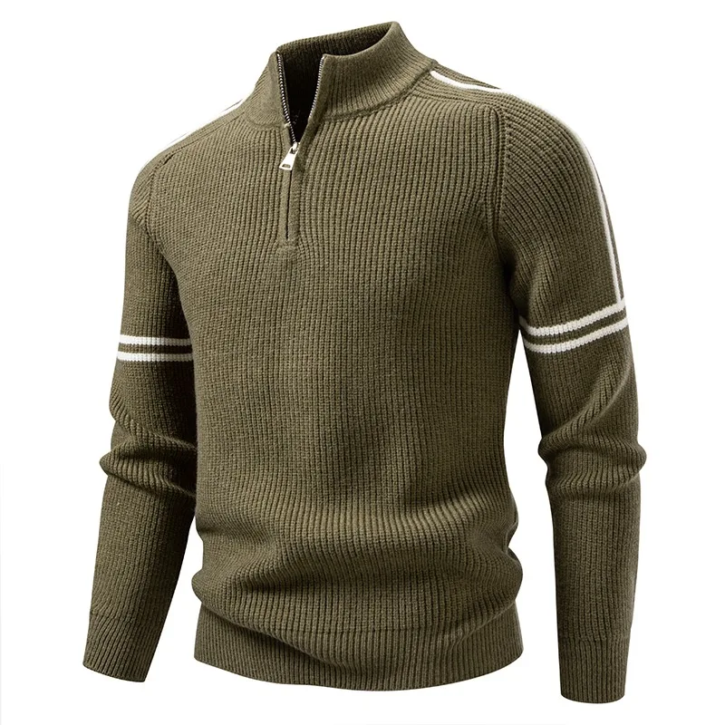 Men's Khaki Waffle Knit Half Zip Mock Neck Pullover With Arm Stripes Long Sleeve Slim Fit Sweater For Men Autumn Winter Casual