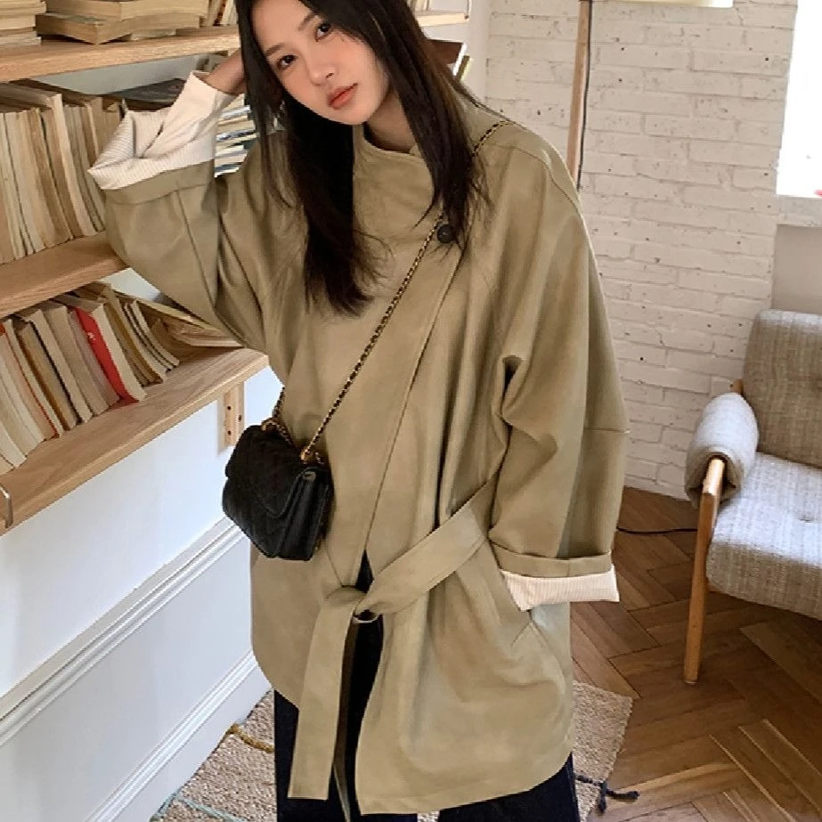 

Single Button Black PU Leather Jacket Women Spring Loose Belted Coat with Stand Collar Oversized Outerwear