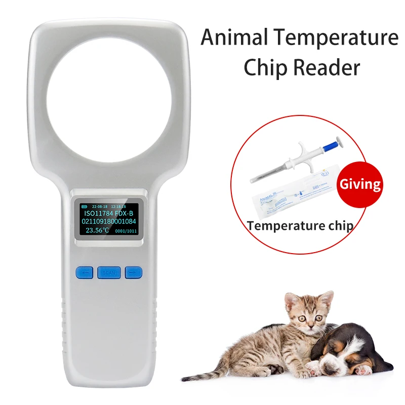 Pet Microchip Reader with 10000 Records Memory 134.2KHz Animal Temperature Chip Reader Gift Pet Temperature Glass Tag