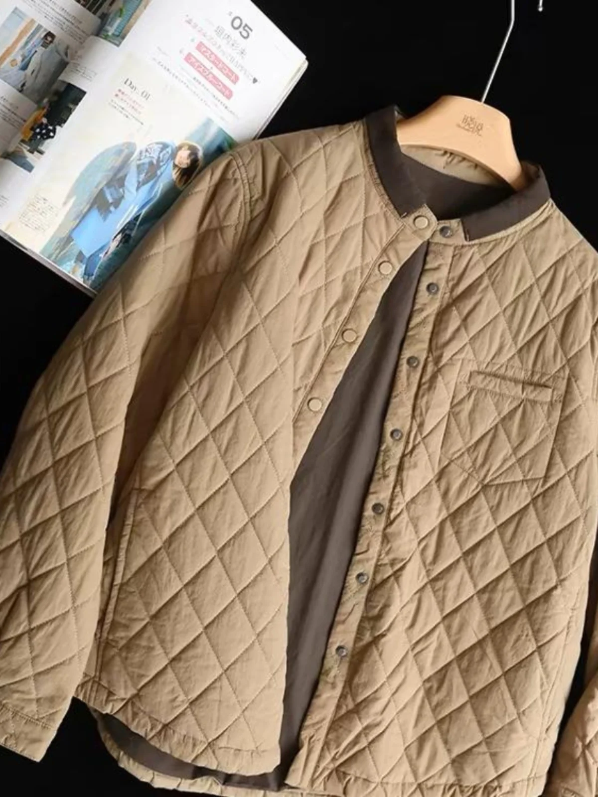 Casual solto ort algodão jaet feminino artístico gola diamante estampado casaco coreano sle botão detalhando